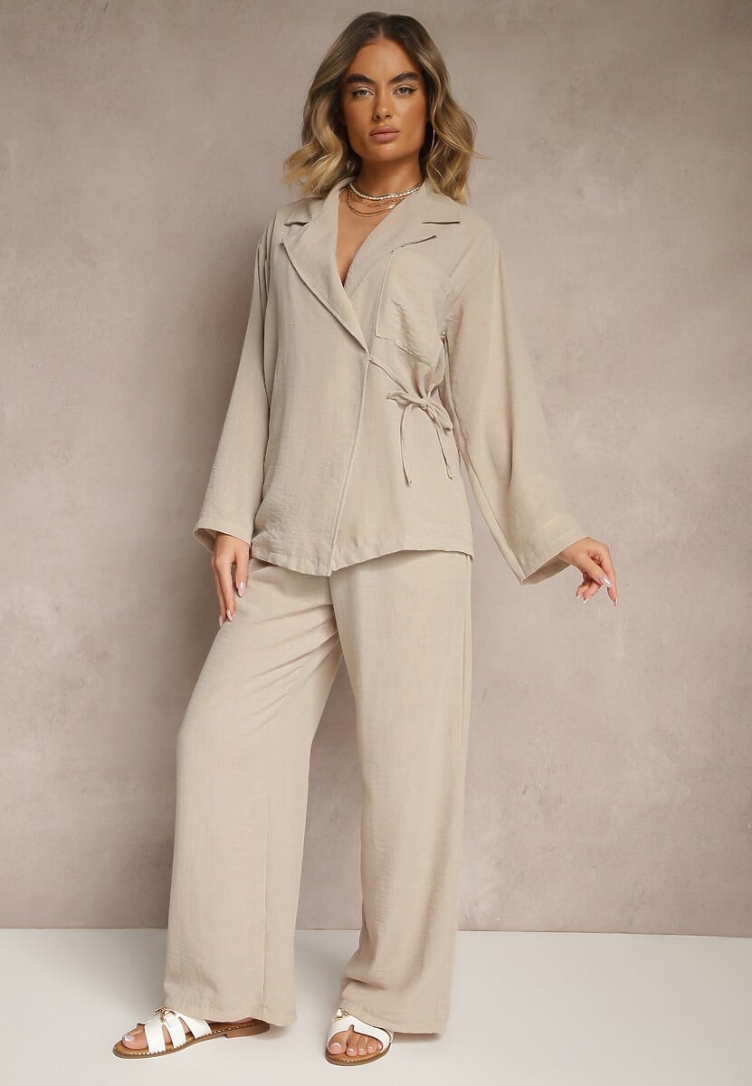 Beżowy Komplet Marynarka z Wiązaniem i Szerokie Spodnie Novalissa