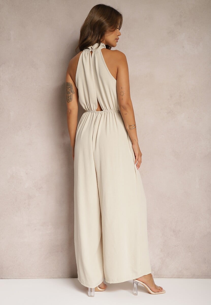 Beżowy Taliowany Kombinezon ze Ściągaczem w Talii i Wiązaniem przy Szyi Rivasiris