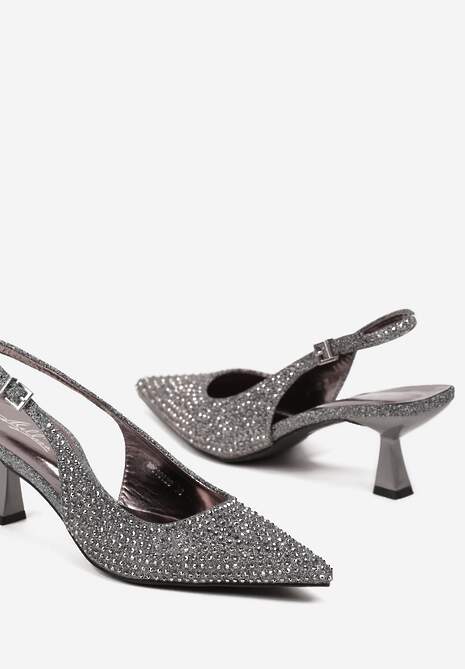 Szare Brokatowe Sandały na Obcasie Typu Kaczuszka Bez Pięty z Cyrkoniami Evelidi