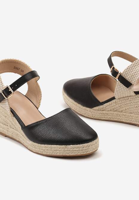 Czarne Sandały na Plecionym Koturnie w Stylu Espadryli z Noskiem z Ekoskóry Beonira