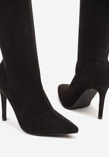 Czarne Kozaki Vices z Imitacji Zamszu na Szpilce z Marszczoną Cholewką Calavelie