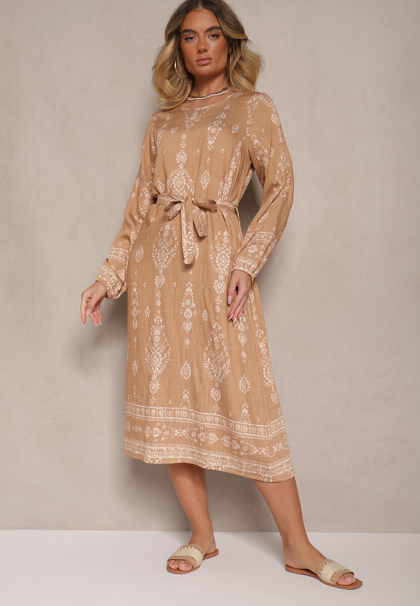 Ciemnoszara Pudełkowa Sukienka Boho w Etniczne Wzory z Paskiem Lisalenea