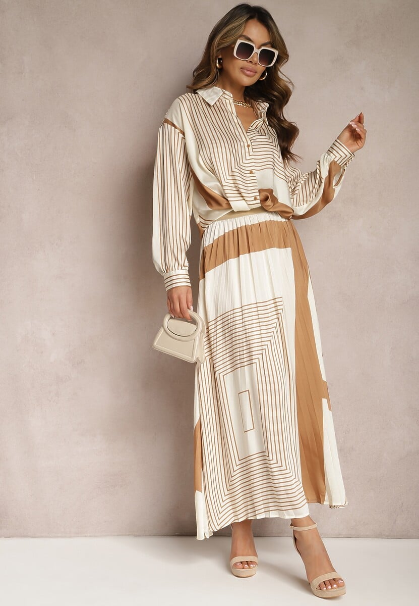 Beżowo-Czarna Plisowana Spódnica z Gumką w Pasie Ozdobiona Geometrycznym Wzorem Jenessia