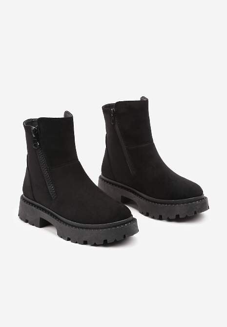 Czarne Botki z Ekozamszu na Platformie z Ozdobnym Suwakiem z Boku Tarienne