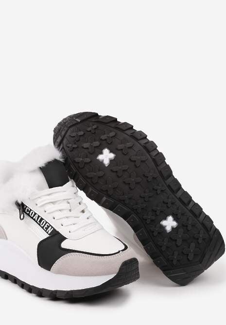 Białe Sneakersy na Platformie z Napisem Sznurowaniem i Futerkiem Vazina