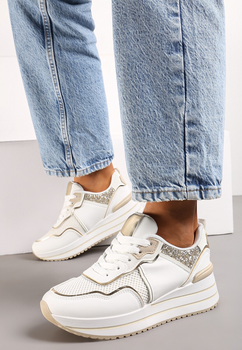 Białe Sneakersy na Niskiej Platformie ze Wstawkami z Brokatu Quinnes