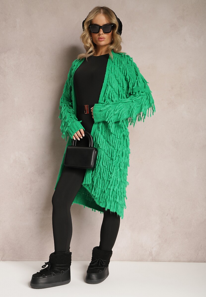 Zielony Niezapinany Kardigan w Ozdobne Frędzle Massawa
