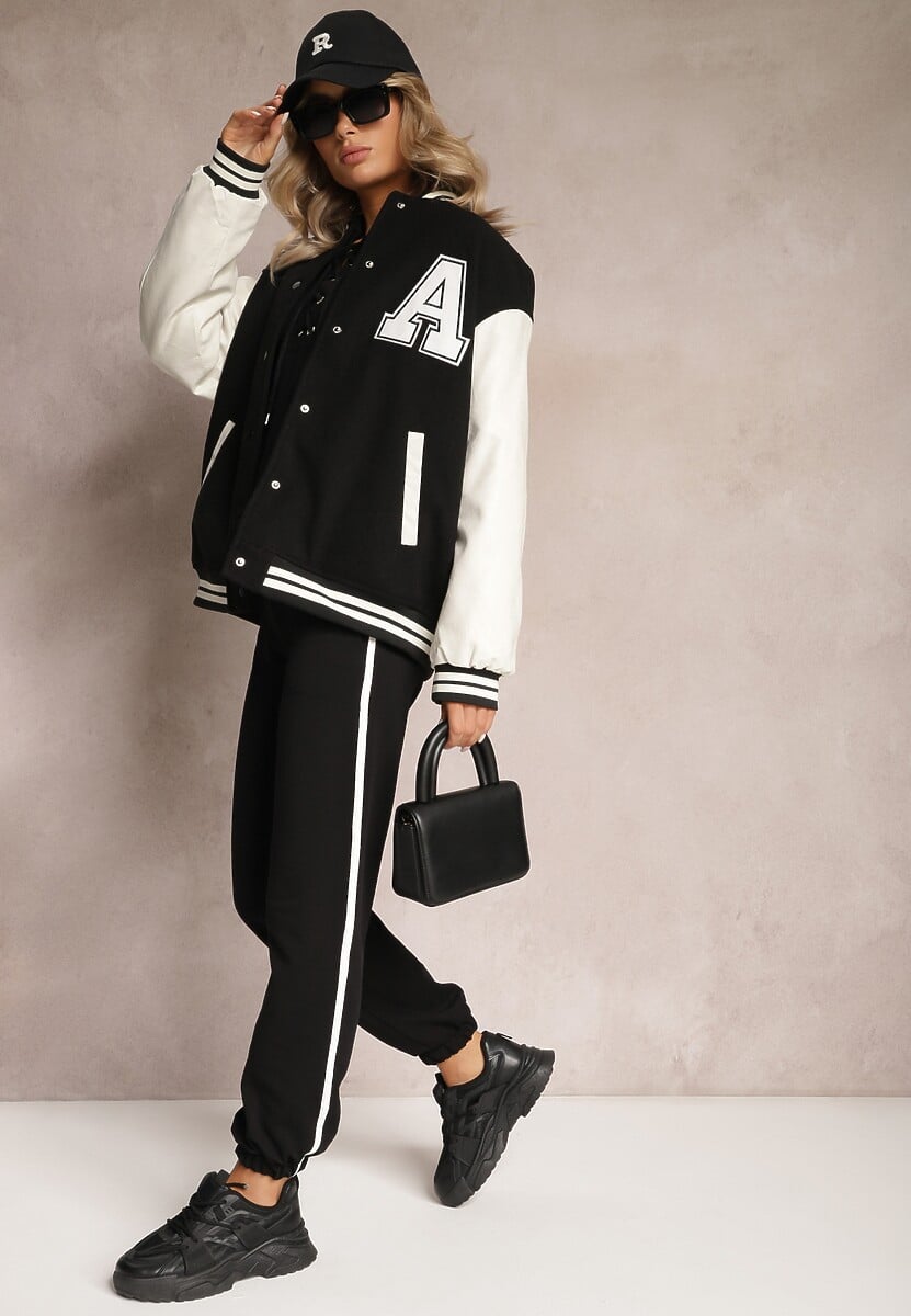 Czarny Komplet Dresowy z Bawełny z Lampasami i Ściągaczami Senique