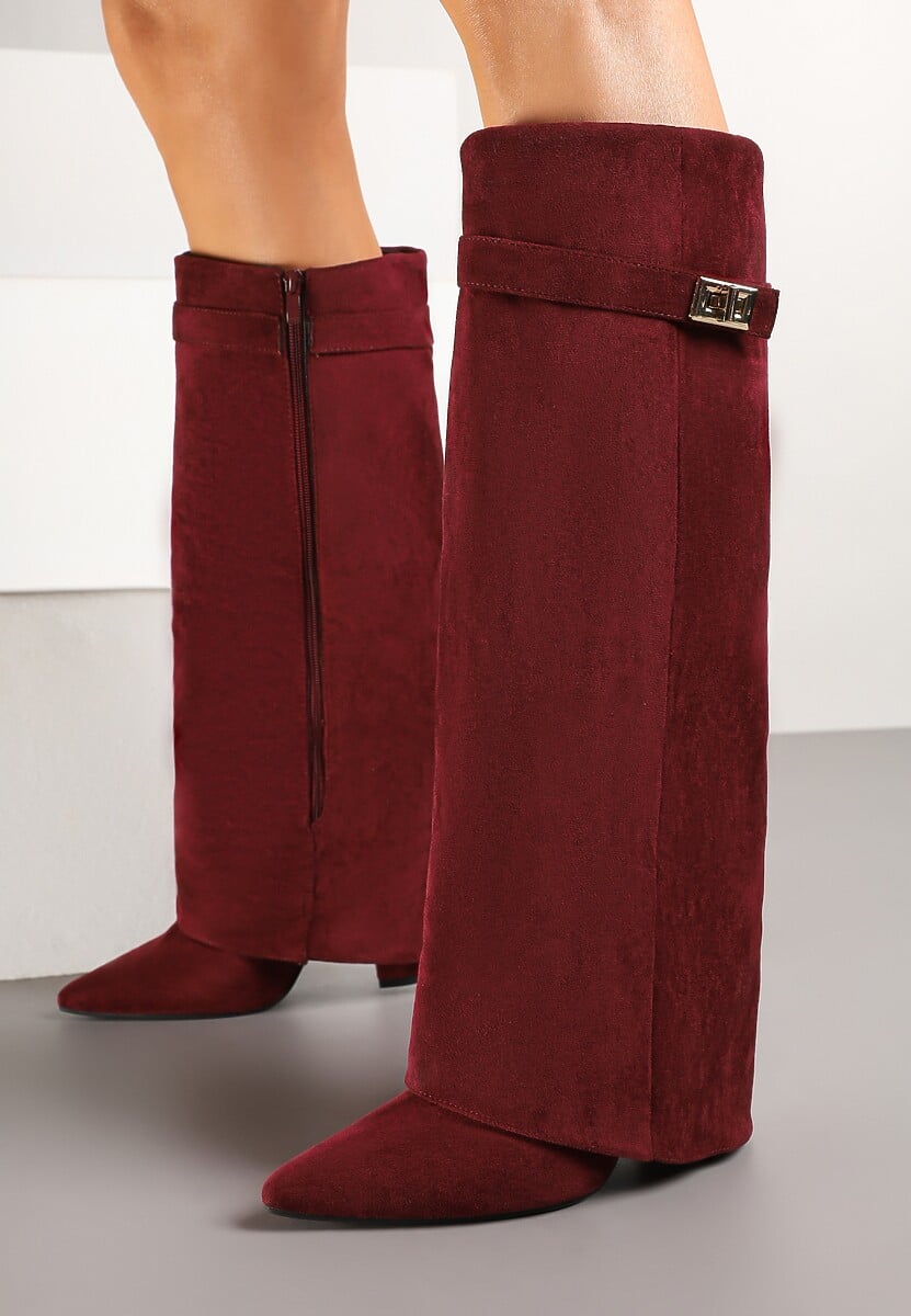 Bordowe Kozaki na Słupku z Wywiniętą Cholewką i Klamerką Upaxa