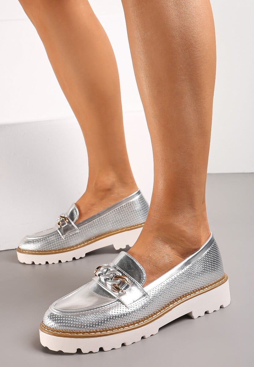 Złote Mokasyny z Łańcuszkiem i Grubą Podeszwą Ferinla