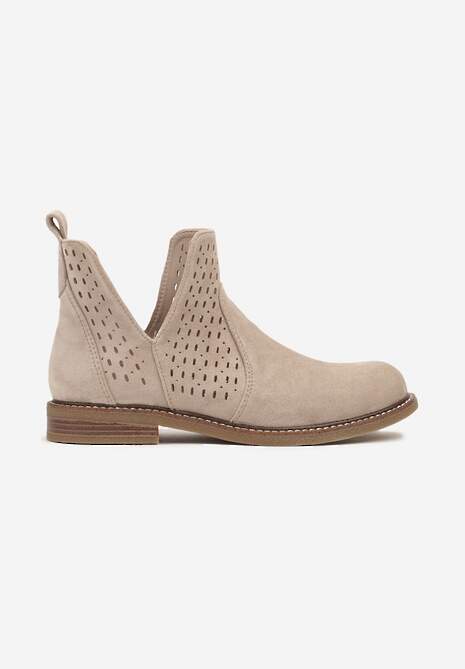 Beżowe Ażurowe Botki w Stylu Sztybletów z Wycięciem z Boku i Skórzaną Wkładką Bralena