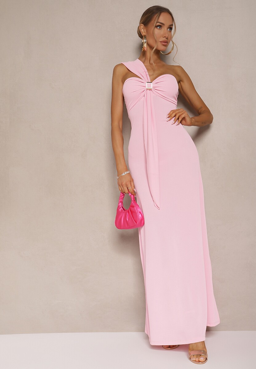 Różowa Asymetryczna Sukienka Koktajlowa Ozdobiona Metaliczną Aplikacją Divianis