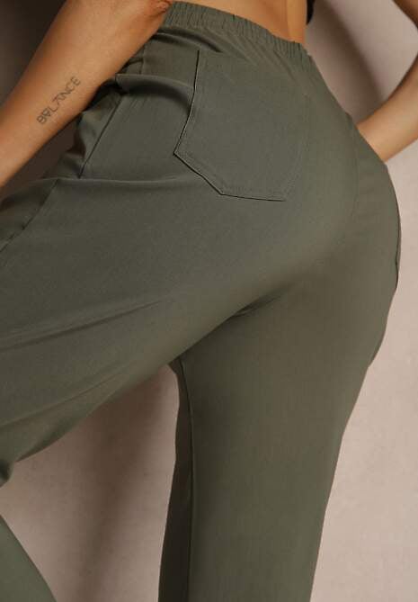 Ciemnozielone Spodnie z Wiskozą High Waist i Ozdobnymi Napami Redaira