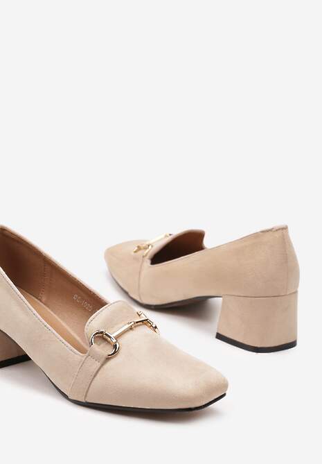 Beżowe Czółenka w Stylu Mokasynów na Słupku z Metalową Klamrą Sunika