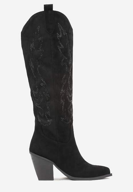 Czarne Kozaki Kowbojki na Stożkowym Obcasie Zdobione Cyrkoniami Nalera