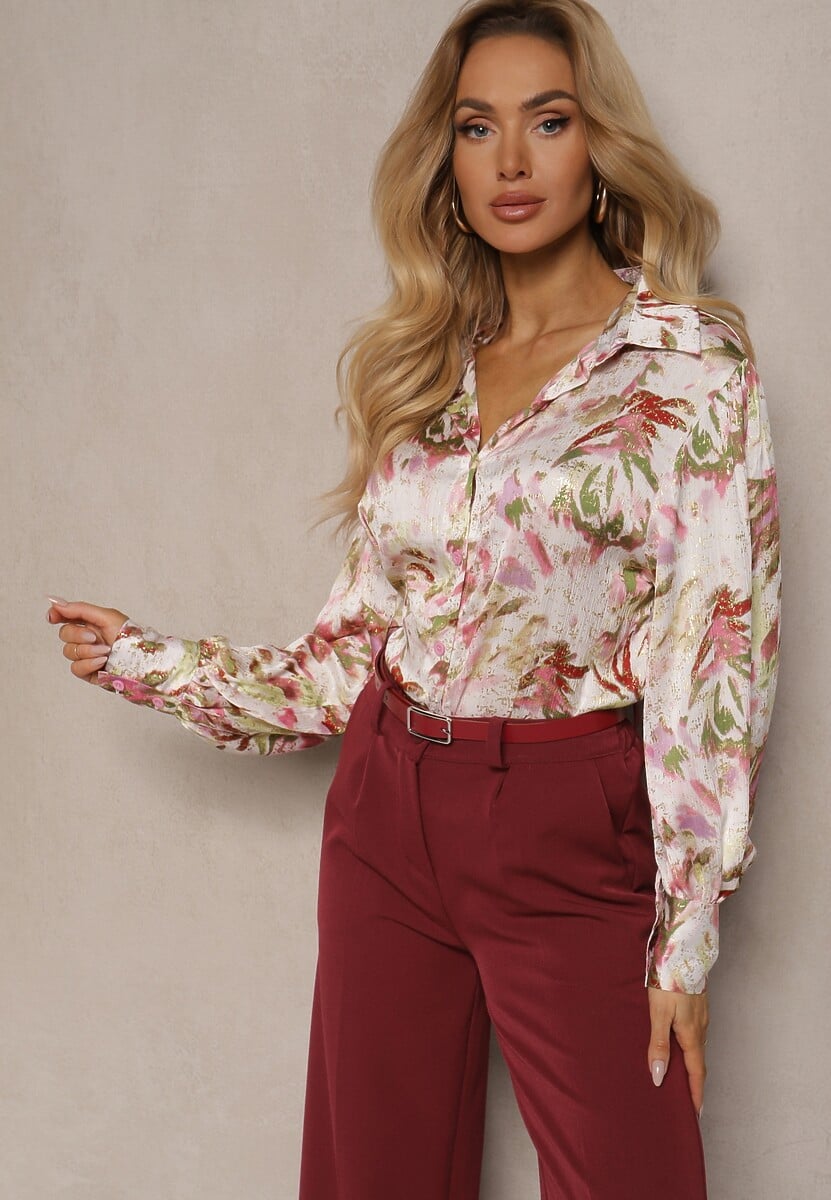 Beżowo-Różowa  Koszula z Guzikami i Nadrukiem z Metalicznym Połyskiem Crimalia