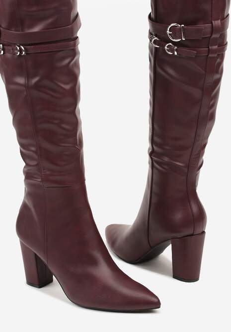 Bordowe Kozaki do Kolan na Słupkowym Obcasie ze Sprzączkami na Paskach Miobela