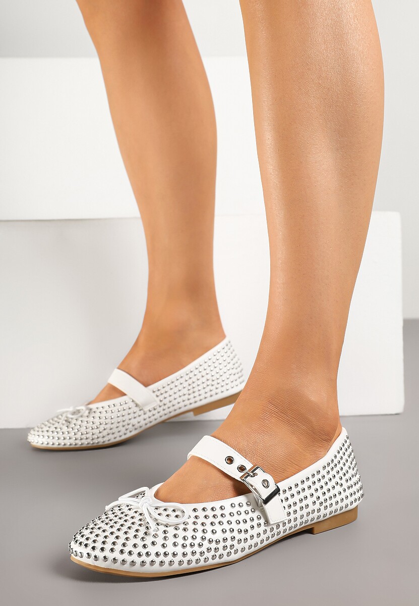 Białe Balerinki Mary Jane Ozdobione Kokardą i Cyrkoniami Lurisellia