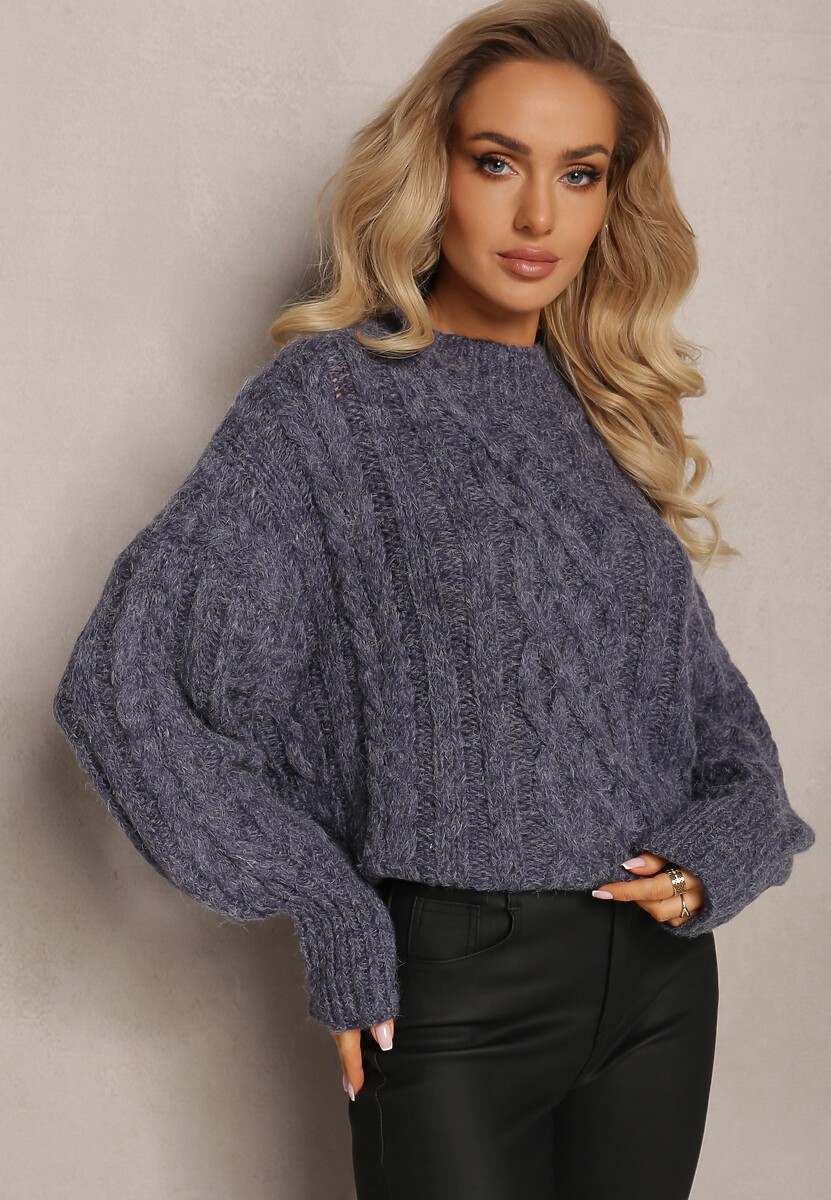 Granatowy Luźny Golf w Ozdobny Splot Atterta