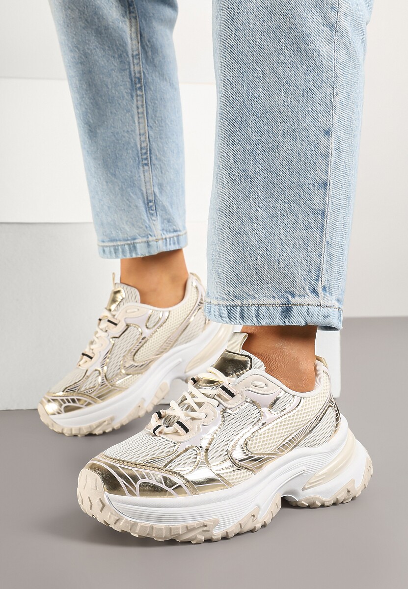 Złote Sneakersy na Platformie z Geometrycznym Wzorem Mevriane