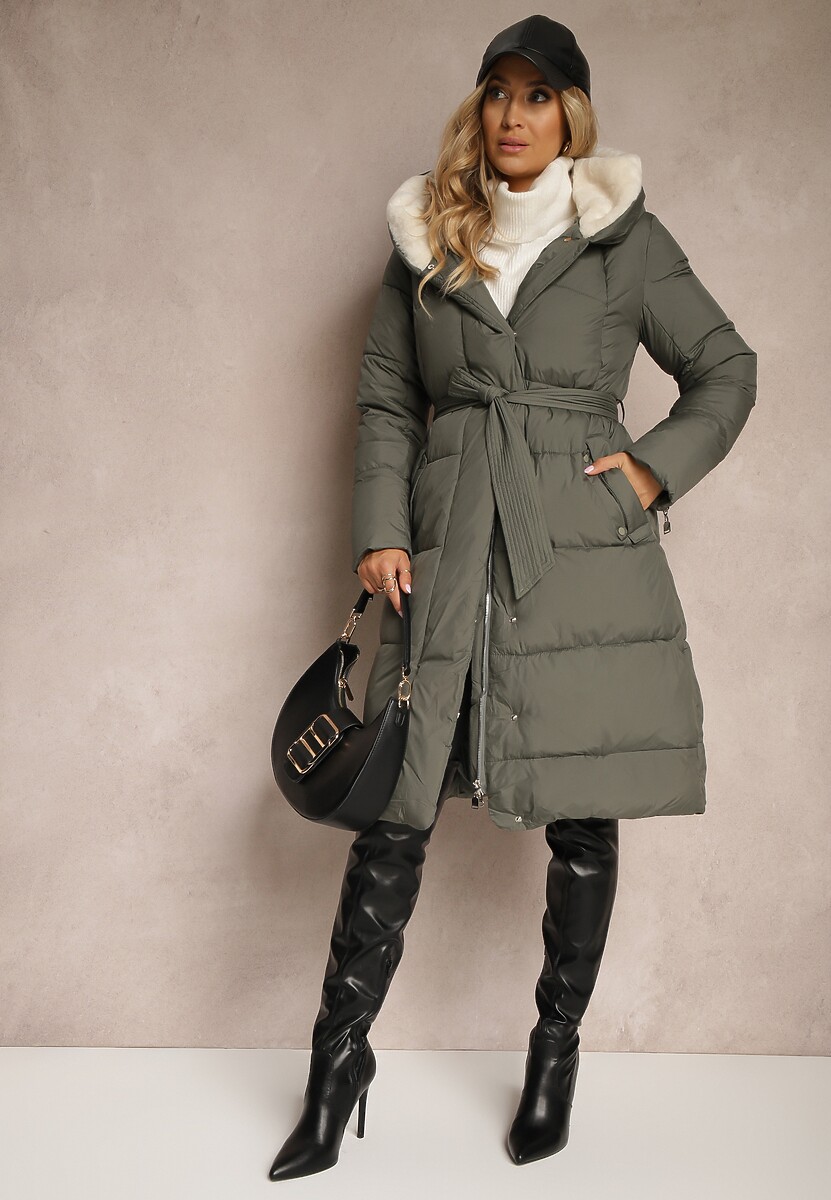 Zielona Długa Kurtka Pikowana z Kapturem Wiązana w Pasie Neanethra