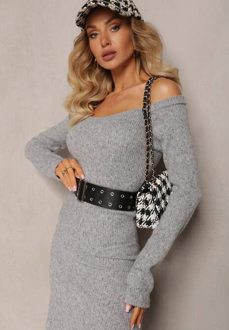 Szara Sukienka Midi z Prążkowanej Dzianiny Kires