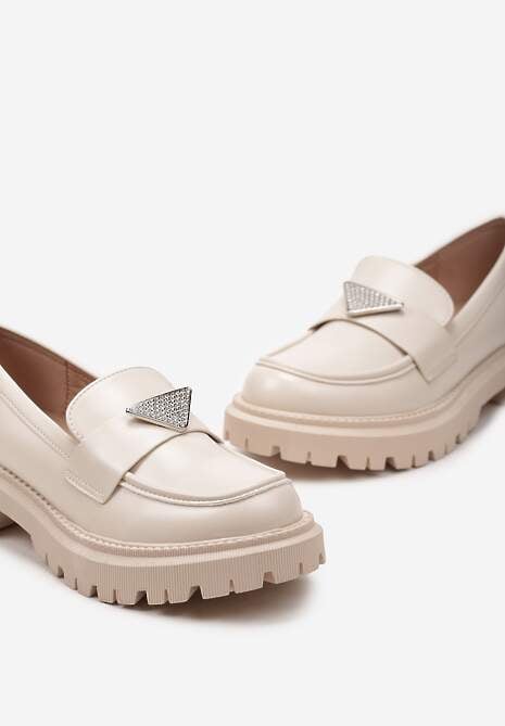 Beżowe Mokasyny z Ekoskóry na Grubej Podeszwie z Klamrą z Cyrkoniami Azzelia