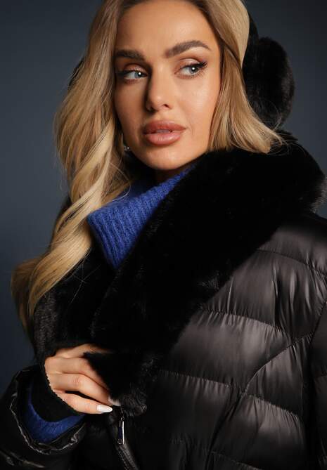 Czarna Pikowana Kurtka z Wiązanym Paskiem i Kołnierzem z Futerka Avrissa