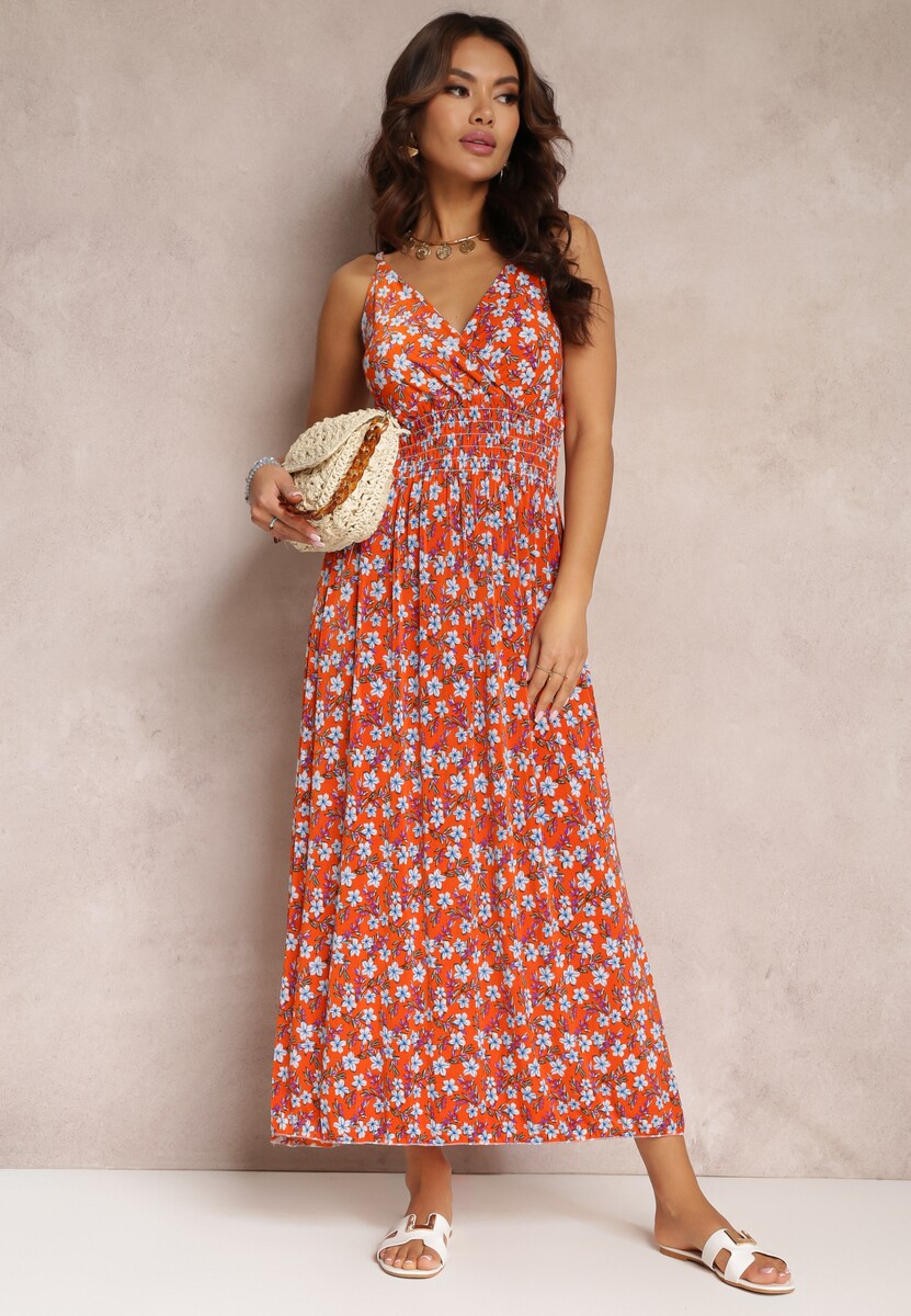 Pomarańczowa Rozkloszowana Sukienka Maxi na Ramiączkach z Cienkimi Gumkami w Talii Daniyelle