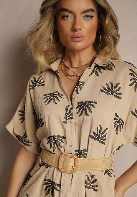 Beżowa Wiskozowa Sukienka o Koszulowym Kroju z Haftem i Paskiem z Klamrą Lioessa