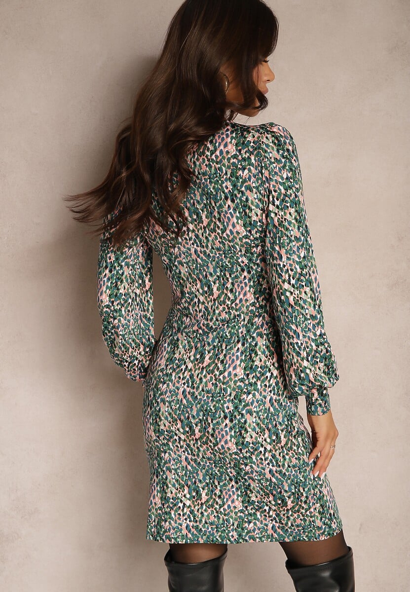 Zielona Wzorzysta Sukienka Mini z Głębokim Dekoltem i Mankietami Leossa