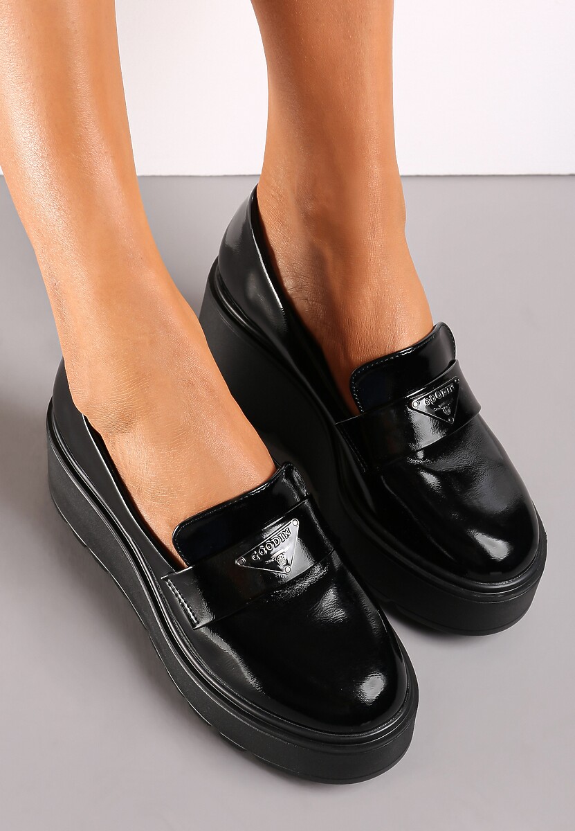 Czarne Lakierowane Półbuty na Platformie i Koturnie ze Skórzaną Wkładką Nimas