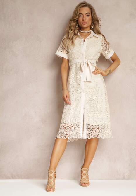 Jasnobeżowa Koronkowa Sukienka Koszulowa z Krótkim Rękawem i Wiązanym Paskiem Noralia