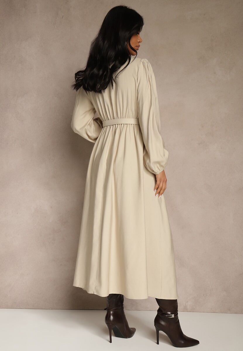 Beżowa Rozkloszowana Sukienka z Wiskozy z Paskiem ze Sprzączką Orille