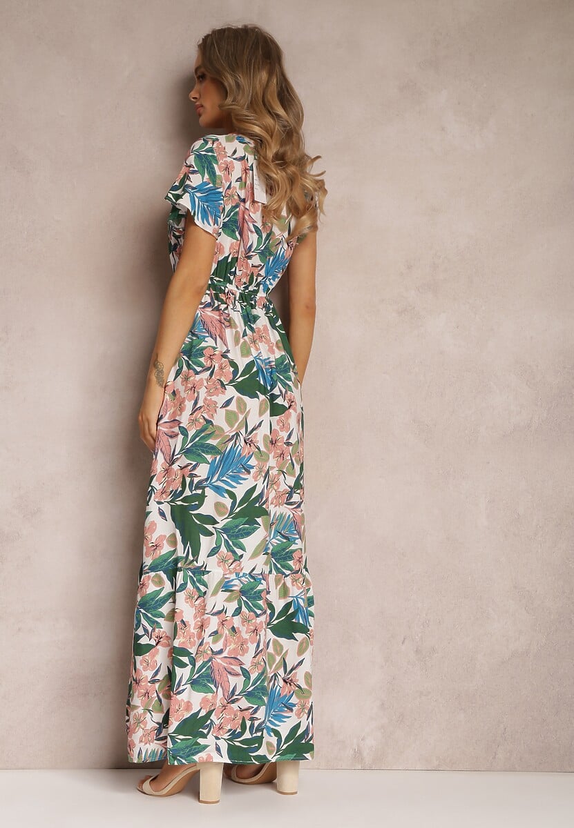 Biało-Zielona Sukienka z Wiskozy Maxi w Kwiaty Mahiza
