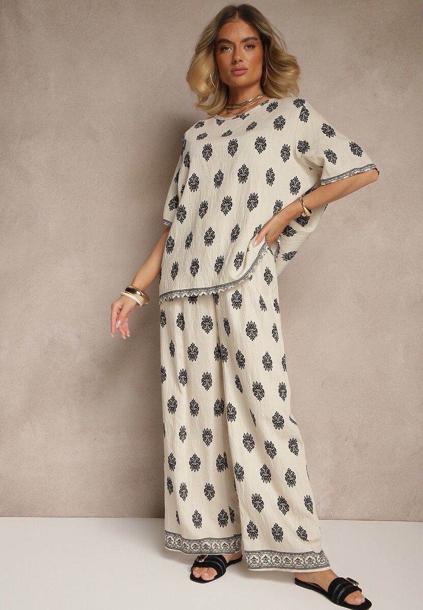 Ciemnozielony Komplet z Wiskozy w Etniczny Wzór Bluzka i Spodnie z Gumką w Pasie Natirva