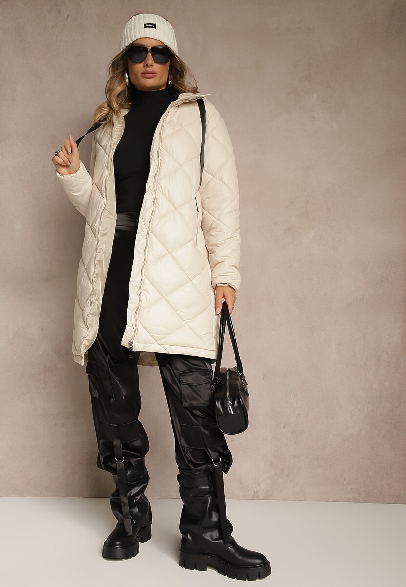 Ciemnobeżowa Pikowana Kurtka o Długim Kroju z Kapturem Olendia