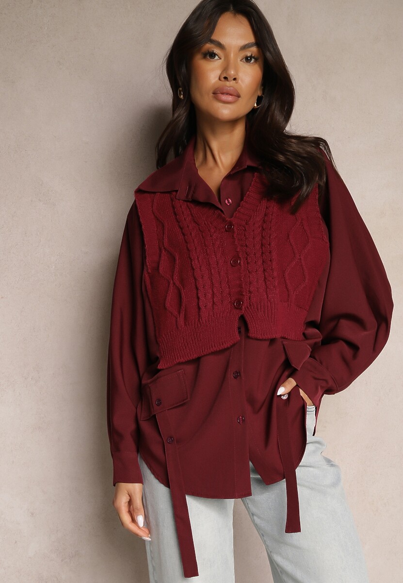 Jasnobeżowa Koszula Nietoperz z Naszytą Kamizelką z Dzianiny Hanoreth