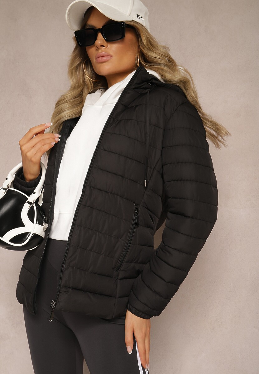 Granatowa Kurtka Ozdobiona Pikowaniem Wykończona Sznurkami i Kapturem Mivissa