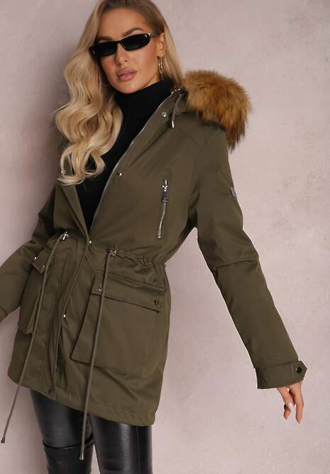 Ciemnozielona Kurtka Parka z Kieszeniami i Kapturem z Futerkiem Caulisa