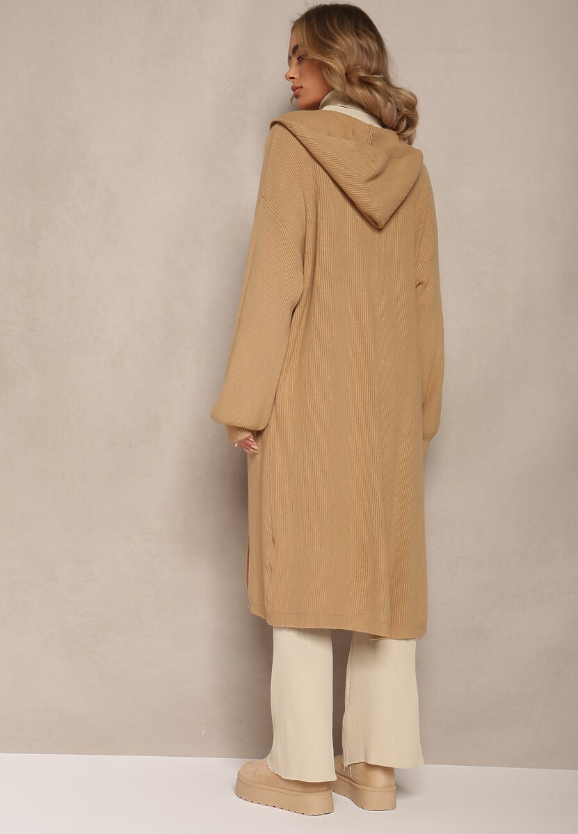 Beżowy Jednolity Kardigan z Długim Rękawem Niezapinany z Kapturem Colise