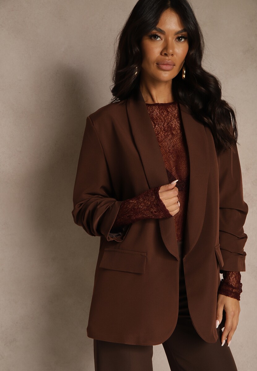 Jasnobrązowa Pudełkowa Marynarka Bez Zapięć z Wiskozą z Marszczonymi Rękawami Fenidia