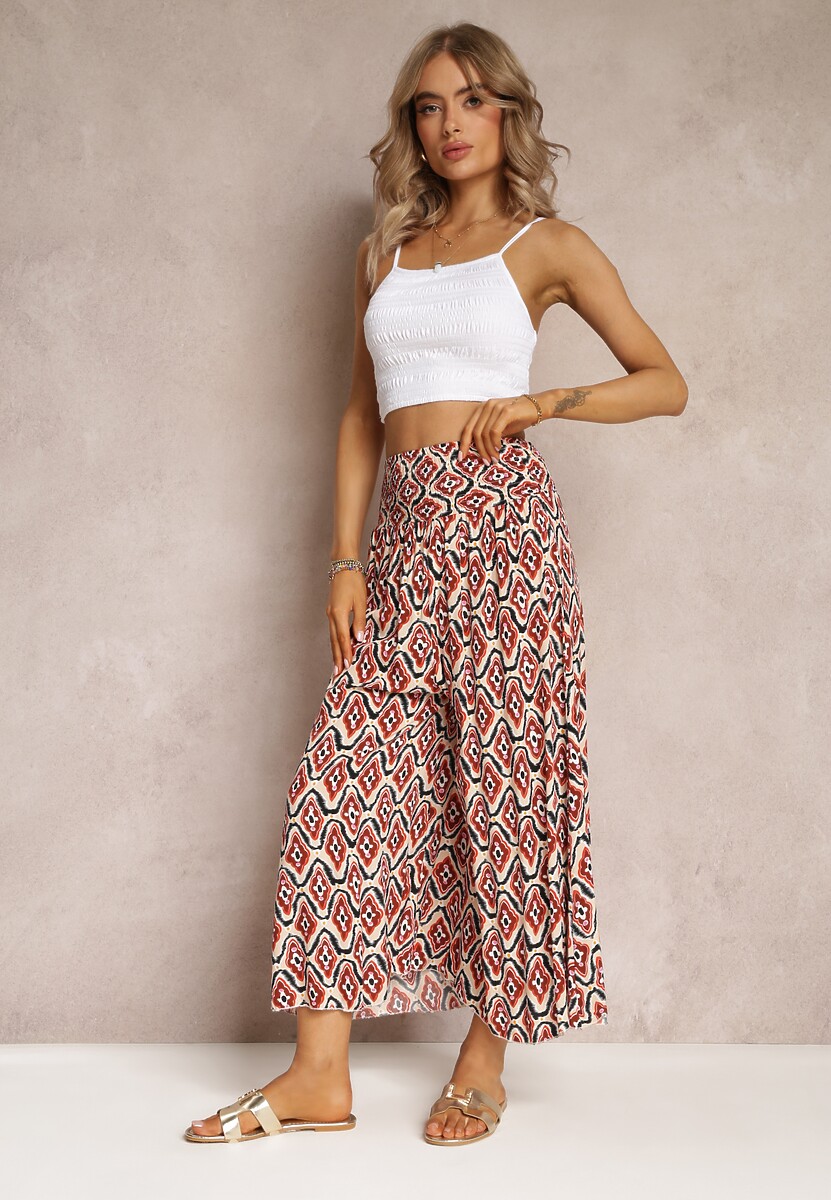 Beżowo-Czerwone Szerokie Spodnie z Wiskozy o Długości 7/8 Vespera