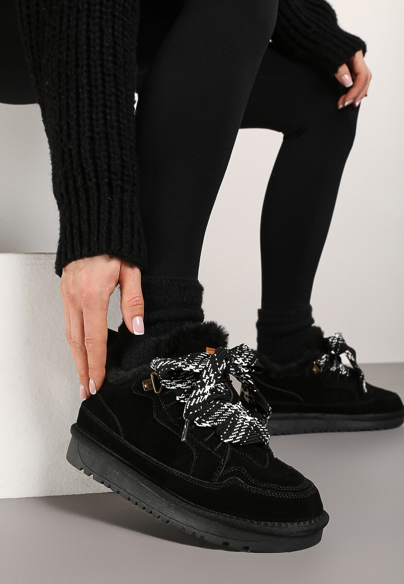 Czarne Śniegowce Typu Sneakersy ze Skóry Naturalnej Wyściełane Futerkiem Venalise