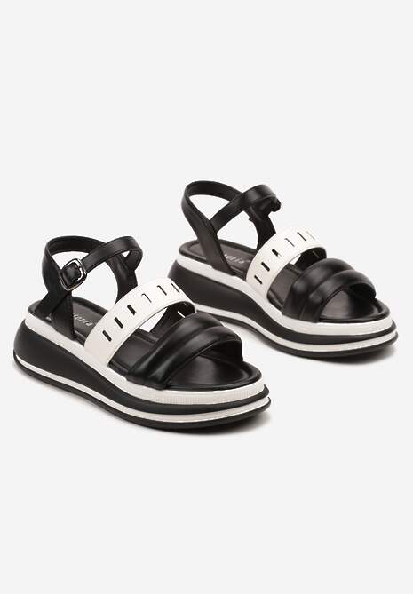 Czarno-Białe Płaskie Sandały z Ekoskóry na Grubej Podeszwie z Zapięciem na Sprzączkę Vloelie