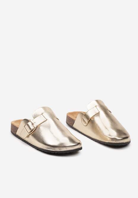Złote Klapki w Stylu Mules na Korkowej Podeszwie ze Sprzączką Patala