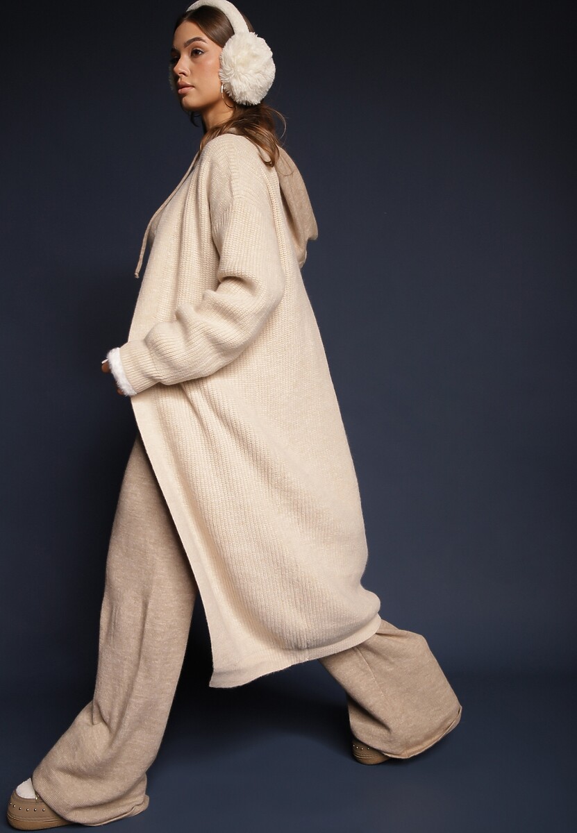 Brązowy Nierozpinany Casualowy Kardigan o Długim Kroju Ozdobiony Ściągaczami Arfilia