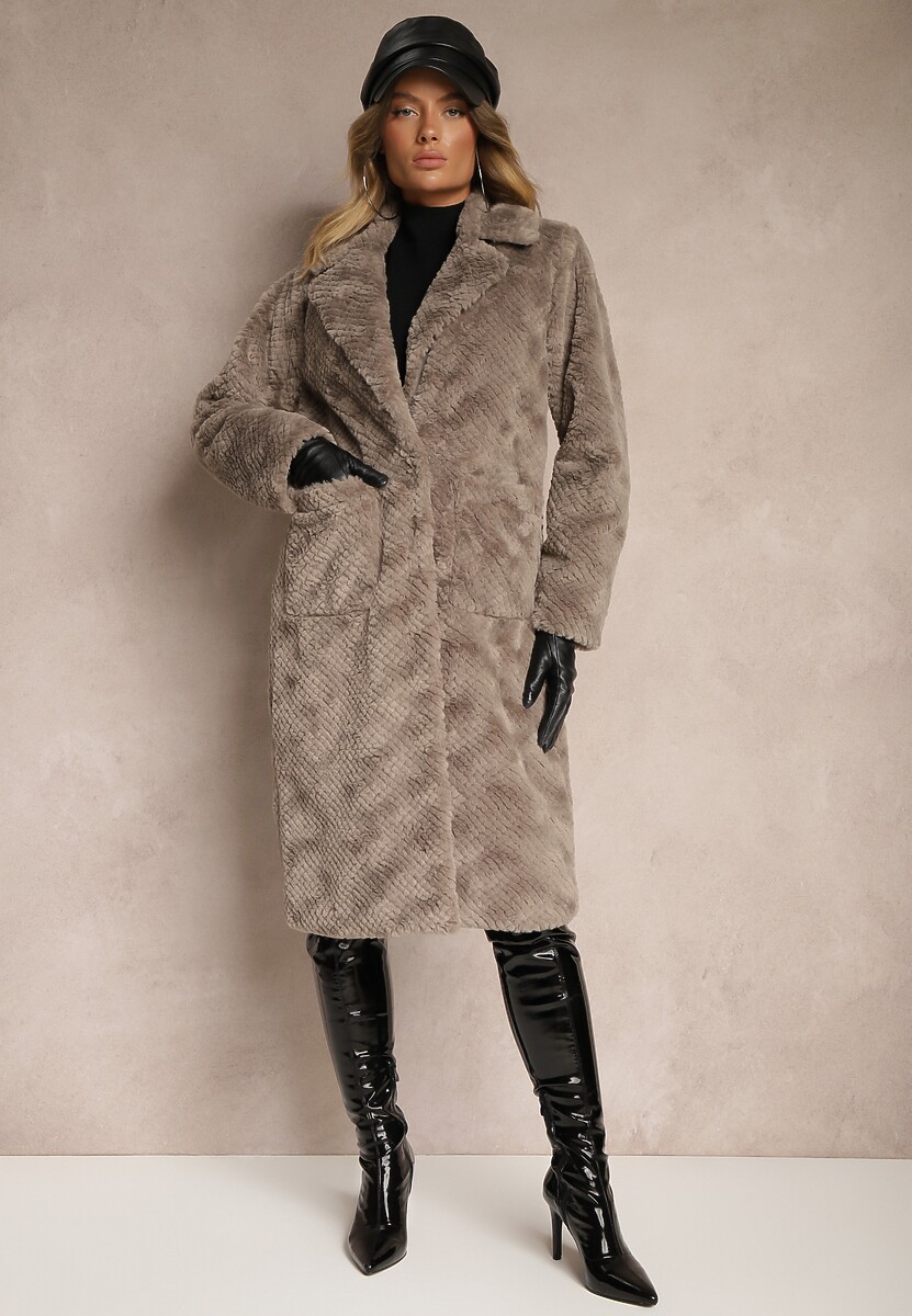 Szary Futrzany Płaszcz Ozdobiony Pikowaniem i Wsuwanymi Kieszeniami Vertissa