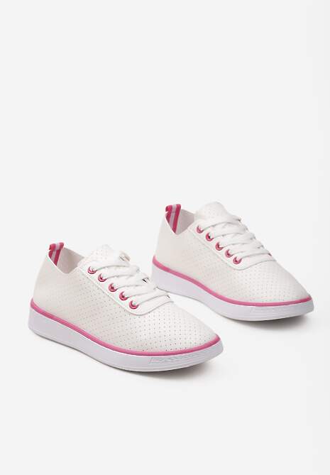 Beżowo-Fuksjowe Sznurowane Tenisówki z Ozdobną Taśmą na Tyle i Perforacją Kavinna