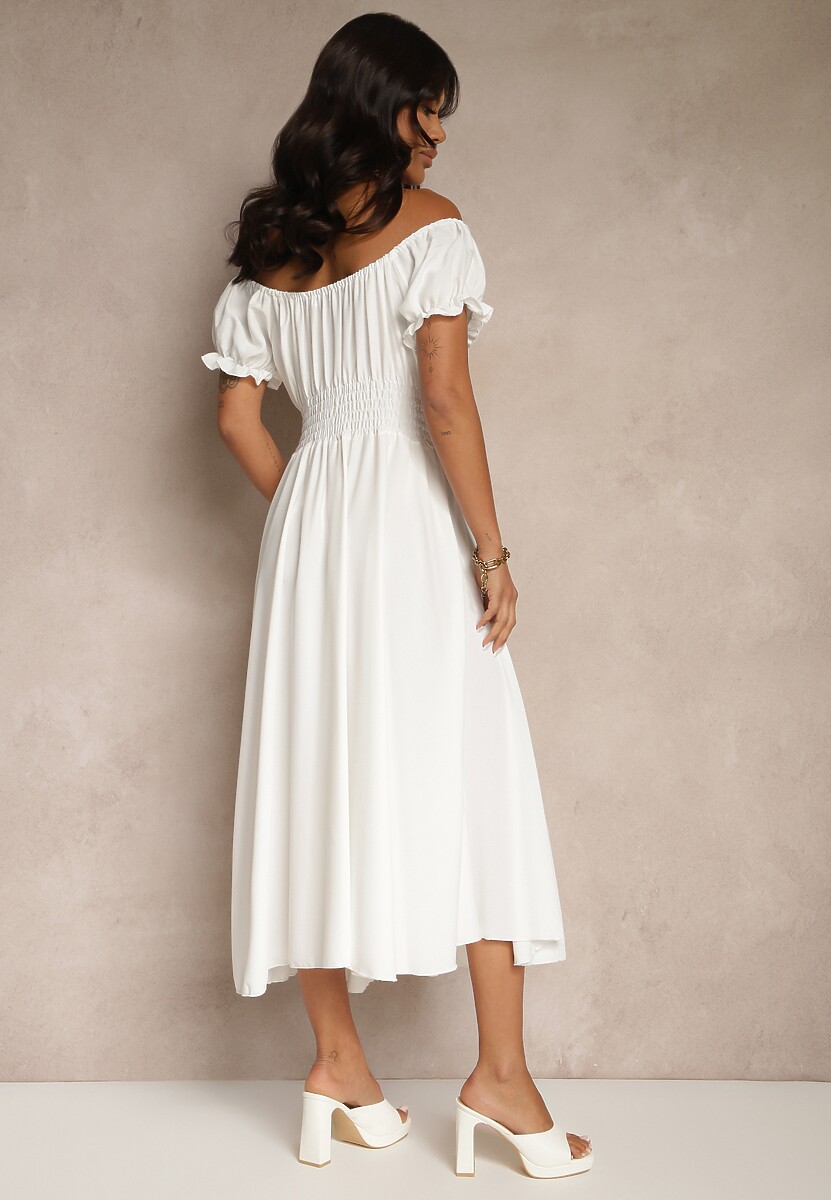 Biała Sukienka Hiszpanka z Bawełną Ozdobiona Bufkami Lunoria